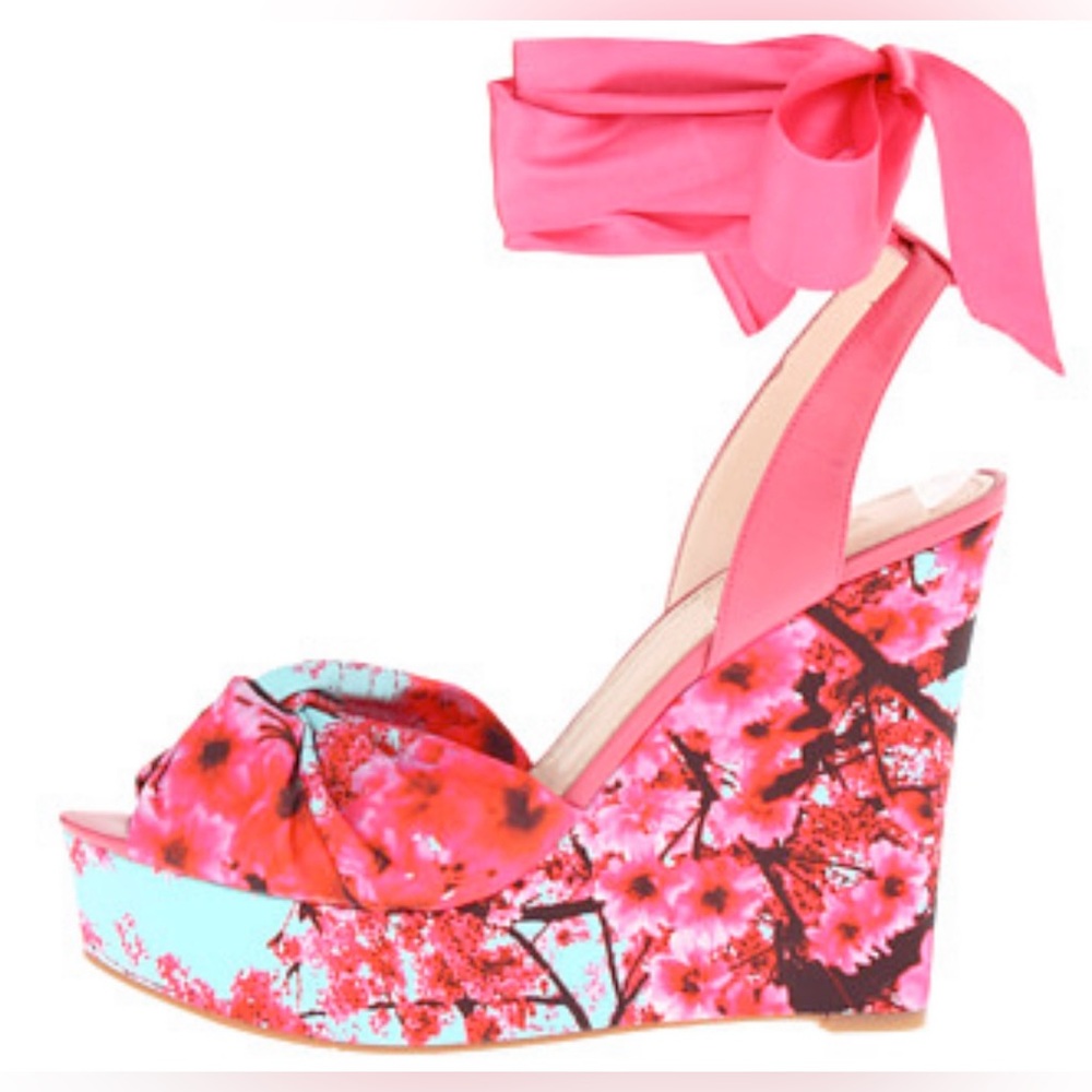 Kirna Zabete wedge platform pink floral flowers ballerina satin leg wrap tie bow